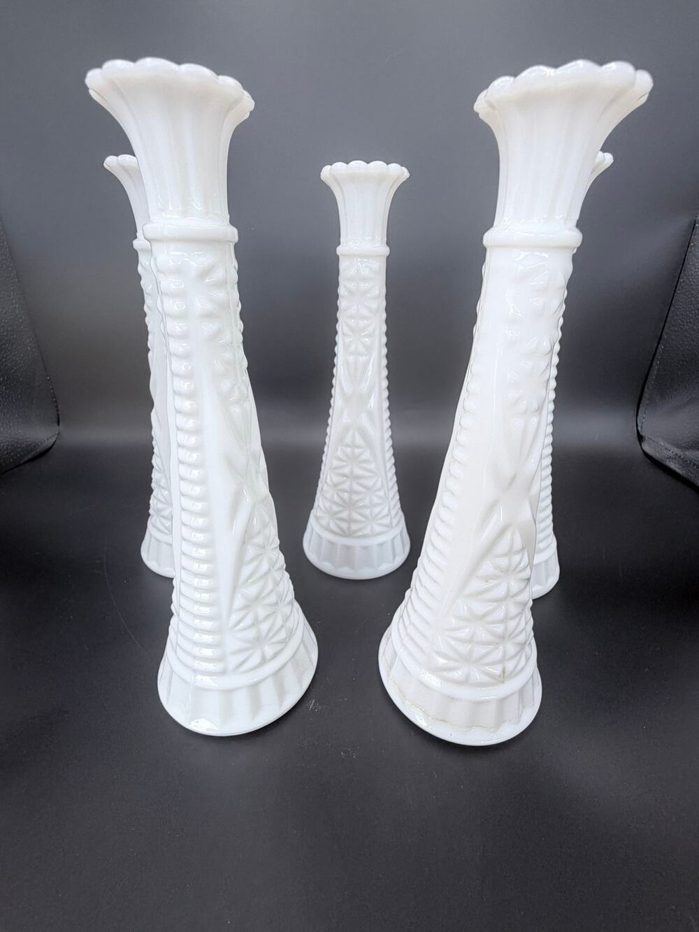 Set of 6 Vintage Stars & Bars Milk Glass Bud Vases 9" Anchor Hocking Style